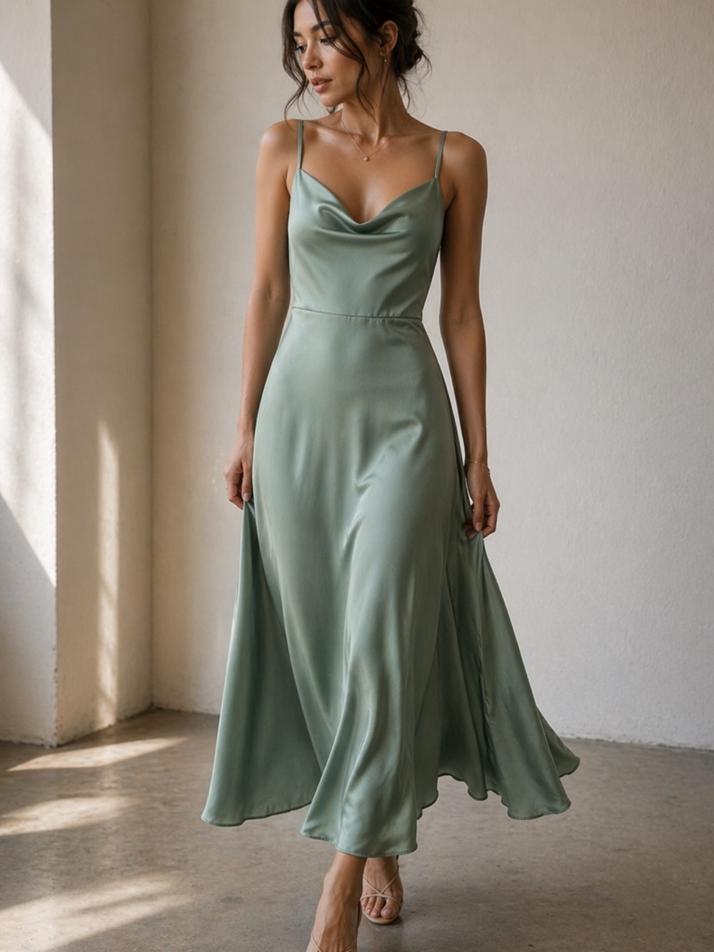 Azazie Satin Bridesmaid Dress Sage Green Cowl Neck Spaghetti Strap Formal A2